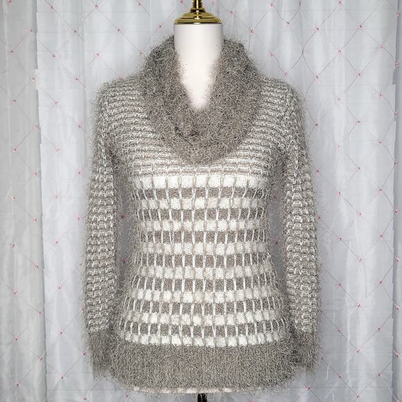 Unbranded Greige Eyelash Fuzzy Nubby Cowl Turtleneck Wool Blend Sweater Small - Picture 1 of 8